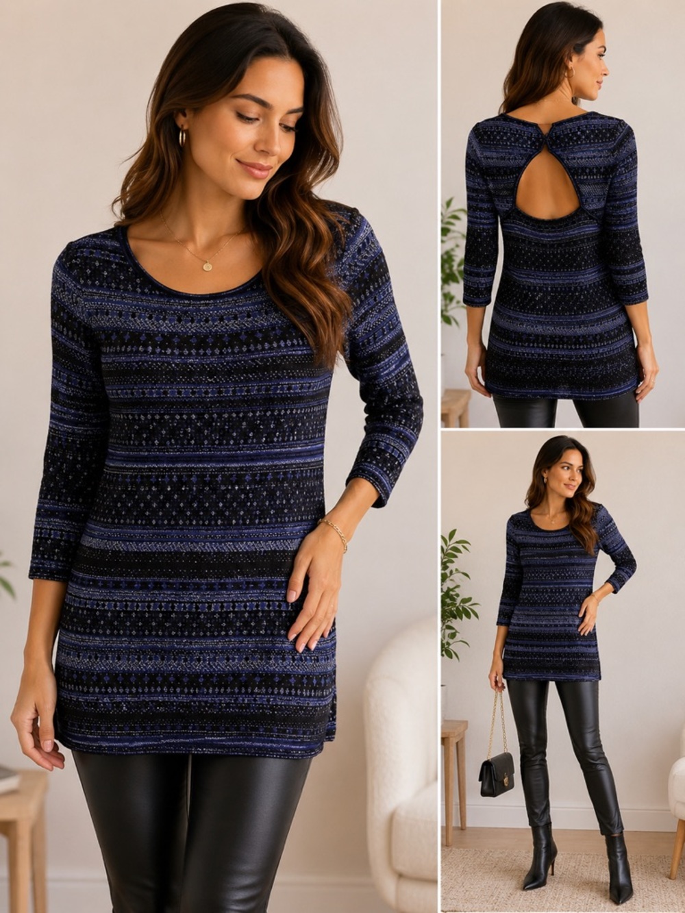 WHBM Navy and Black With Silver Metallic Stripe Long Sleeve Tunic